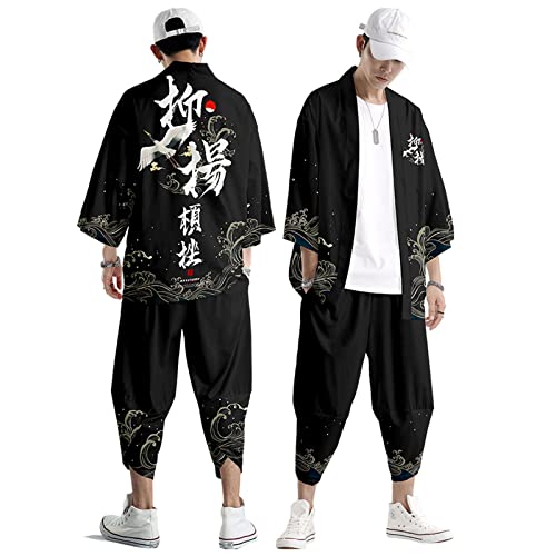 WYUKN Conjunto de Kimono Tradicional,Hombre Mujer Chaqueta Kimono Cárdigan,Pantalones Harem Conjunto de Manga 3/4 -Traje Calle Deportivo con Samurái Japonés,Black-L Cover