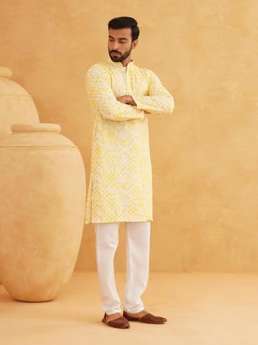 Image of SOJANYA (Since 1958 Men's Cotton Gold Sequinned Kurta with White churidaar Pyjama