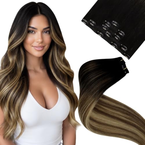 Image of LaaVoo Real Hair Extensions Clip ins 16in Double Weft Silky | Voluminous coverage for shoulder-length hair, machine weft ensures long-lasting shape retention