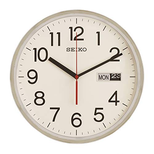 Image of Seiko Unique Round Silver Plastic Analog English Numbers Day /Date Home Decor Wall Clock (Size: 30.3 x 6.4 x 30.3 CM | Weight: 990 gram | Color: Silver)