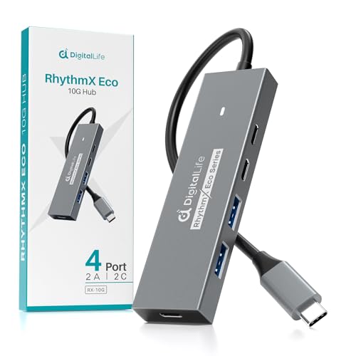 DigitalLife RhythmX Eco Series | USB-C 10Gbps Hub – USB 3.2 Gen 2 Adapter mit 4 Anschlüssen (2× USB-C + 2× USB-A) für Musikproduktion, MIDI-Controller und Studio (RX-10G, 1 St./Packung)