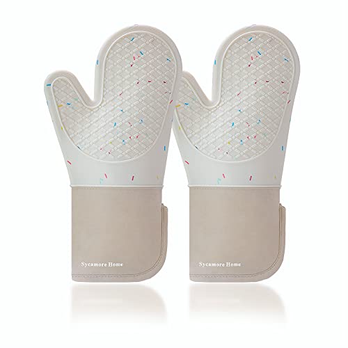 Sycamore Home, Oven Mitts 13" Extra Long, Silicone + Cotton Lining + Cotton, Easy Clean, 500F° Heat Resistant Silicone Oven Mitt #TOP9