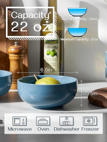 Image of DOWAN 22 OZ Ceramic Soup Bowls & Cereal Bowls - 6 inch Classic Bowls Set of 4 for Soup, Cereal, Oatmeal, Fruit, Rice - Dishwasher & Microwave Safe (Airy Blue)