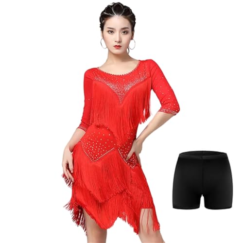 Rojo,L,Vestido Baile Latino con Dobladillo con Flecos...