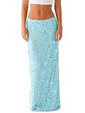 Women Y2k Sequin Long Skirt Sparkly Beaded Floral Maxi Skirt Rhinestone Glitter Midi Skirt Streetwear (A Blue, S)