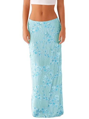 Women Y2k Sequin Long Skirt Sparkly Beaded Floral Maxi Skirt Rhinestone Glitter Midi Skirts Streetwear