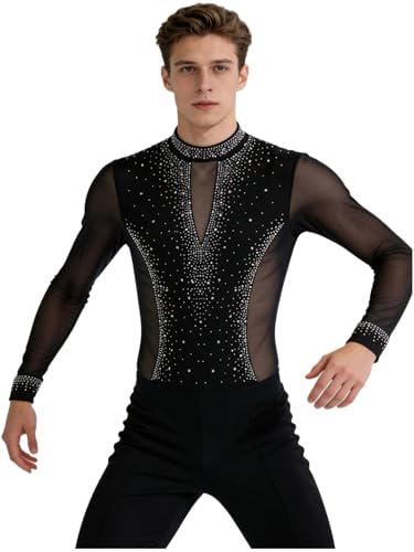 YOOJOO Men's Figure Skating Dance Costume Rhinestones Latin Tango Training Performance Long Sleeve Leotard Shirt Top Black Small