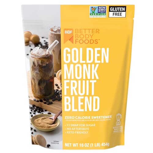 BetterBody Foods Golden Monk Fruit Allulose Sweetener Blend - Sugar Substitute, Zero Calorie, Keto Diet Friendly, Zero Net Carbs, Zero Glycemic, Baking, Extract, Sugar Replacement 1 lb, 16 Oz