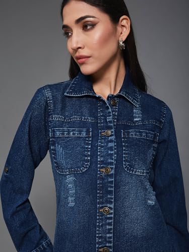 Image of Miss Chase Women's Polo Neck Full Sleeves Patch Pocket Denim Overcoat Knee-Length Jacket