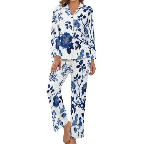 Pyjama femme 2 pièces imprimé porcelaine bleu blanc en grande taille