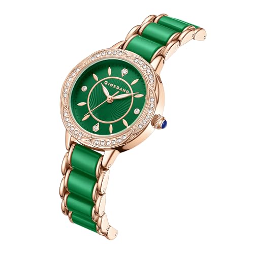 Image of Giordano Flower Case Watch for Women with Crystal-Studded Bezel, Diamond Hour Markers & Dual Tone Stainless Steel Strap