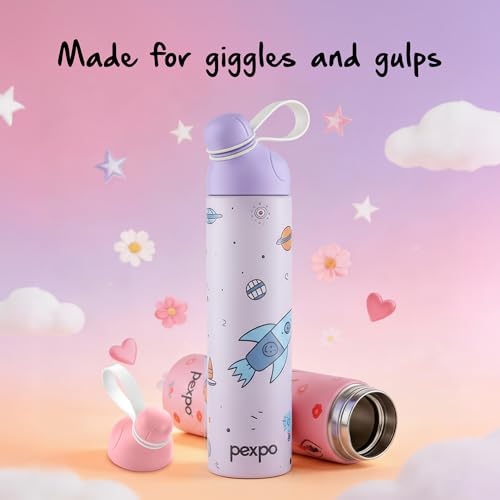 Image of Go24 pexpo Water Bottle for School Kids, ISI Certified Stainless Steel Sipper Bottle for Kids 470ml (Pack of 2) | Hot & Cold Thermos Insulated Water Bottle|6+ Years Kids|Pico 500 - Pink and Purple