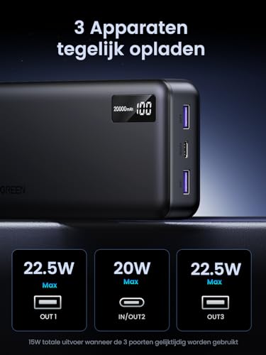 UGREEN Power Bank 20000mAh 22.5W, Externe batterijlader met USB C-ingang en uitgang PD 20W Powerbank met digitaal display, compatibel met iPhone 16 Pro Max/16/15/14, Galaxy S24 Ultra, Pixel 8 en meer. - Afbeelding 4