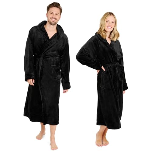 Blumtal Bademantel Damen & Herren M - OEKO-TEX zert. Morgenmantel mit Kapuze, extra saugstark, für Sauna, Schwarz