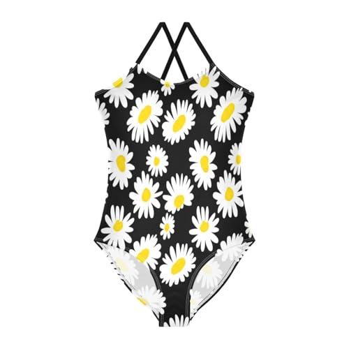 White Daisies Black One Piece Girls Swimsuit, Beach Swimsuit 3-10 Y with Adjustable Shoulder Strap, 3-10 Y