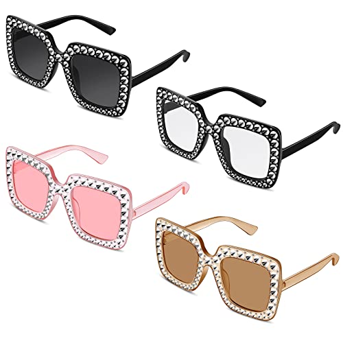 4 Paar Mode Sonnenbrillen Übergroße Quadratische Damen Sonnenbrille Unisex Bling Kristall Strass Brillen mit Dickem Rahmen