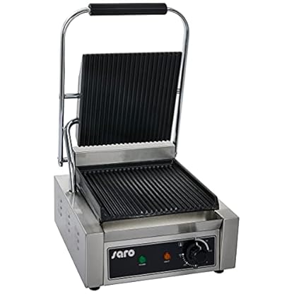 SARO Kontaktgrill mit gerillter Grillplatte – Gusseisenplatte – Edelstahlgehäuse – Wärmeisolierter Griff – Temperaturregelung 50–300 °C – Auffangschale – 1,8 kW – Modell PG 1 – Bild 3