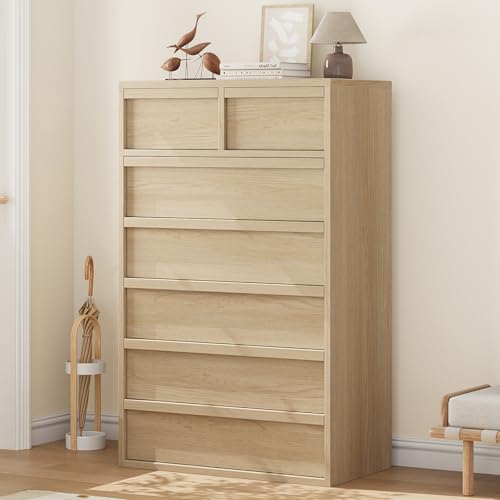 GarveeHome 7 Drawer Dresser for Bedroom, 47in Tall Nightstand 7 Chest of Drawers with Large Storage, Wooden Modern Bedside End Table for Living Room, Nursery, Entryway - Natural Oak
