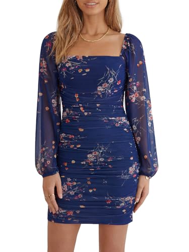 Image of Wenrine Women's Mesh Long Sleeve Square Neck Ruched Party Club Cocktail Bodycon Mini Dress