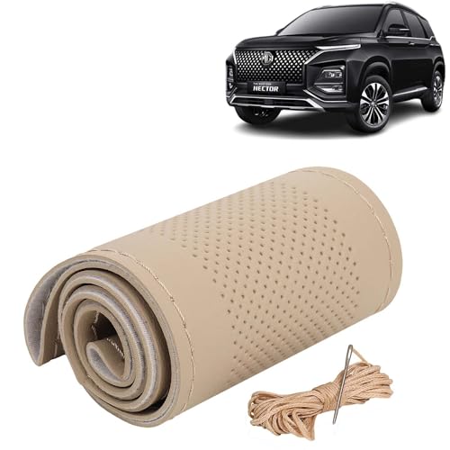 Image of KINGSWAY PU Leatherite Car Steering Cover Sewable Compatible with Morris Garages (MG) Gloster (Year 2020 Onwards), Beige Color with Beige Thread, Pack of 1 with Sewing Needle and Thread