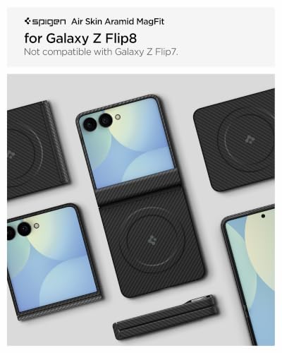 Image of Spigen AirSkin Aramid MagFit Case for Samsung Galaxy Z Flip 8, Black | Magsafe, Premium Aramid Fiber, Hinge Protection, Slim Fit, Qi2 Ready Wireless Charging, Aramid Fiber, Poly Carbonate, Smooth