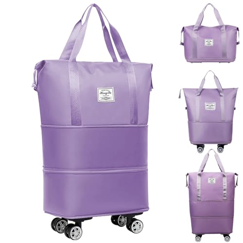Bolsa de lona con ruedas, expandible, plegable, con ruedas y asa para viajes, bolsa de equipaje con ruedas, bolsa de lona desmontable, bolsa de viaje grande para fin de semana (color morado), Purple,