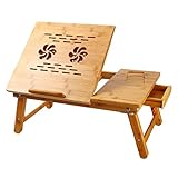 NNEWVANTE Laptop Desk Super Top Laptop Table 100% Bamboo Desk Adjustable with USB Fan2 Foldable Breakfast Serving Bed Tray Drawer