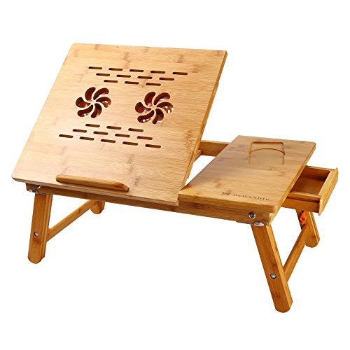Nnewvante Laptop Desk Super Top Laptop Table 100% Bamboo Desk Adjustable with USB Fan2 Foldable Breakfast Serving Bed Tray Drawer