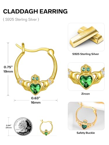 Dreamboat Sterling Silver Claddagh Earrings for Women Irish Earrings Loop Heart Green Emerald May Birthstone Irish Gift Made In Ireland Luck Scottish Jewelry3