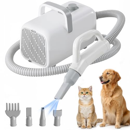 KMFurnila Dog Hair Dryer, Grooming Heat 1550W High Velocity Pet Blow Dryer, Speed Temperature Adjustable Dog Blower Grooming Dryer with 4 Nozzles