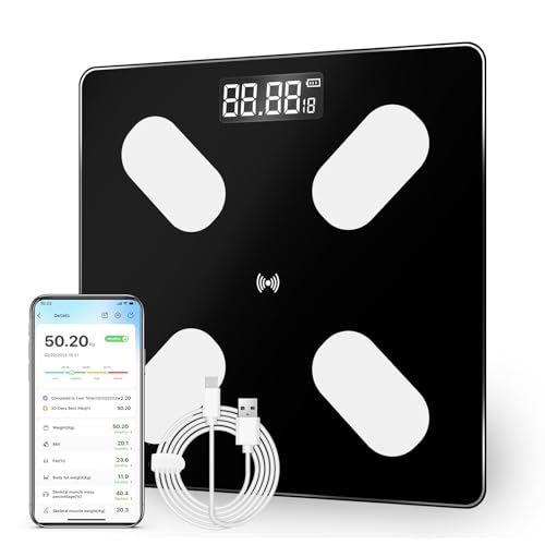 vicihoho Báscula Grasa Corporal Bluetooth Bascula de Baño Bascula grasa corporal y muscular 16 Monitores de Composición Corporal, Bascula de Baño para Andriod y iOS, Superficie 26x26mm