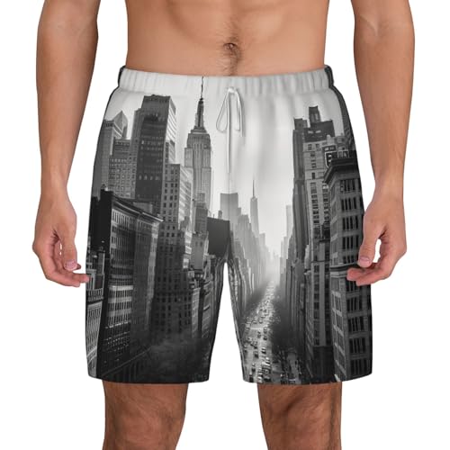 Men's Swim Trunks Quick Dry Board Shorts Black and White New York Beach Shorts with Pocket Bathing Suits for Men