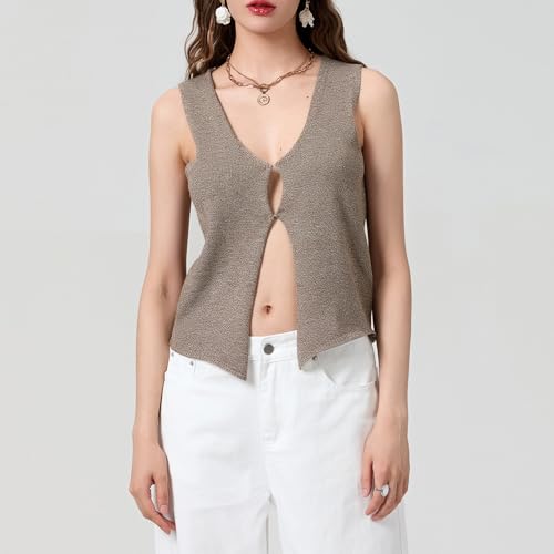 Image of Womens Vintage Knittd Tank Y2k Vest Crop Top Sleeveless V-Neck Open Front Button Crochet Knit Vests Versatile Tops