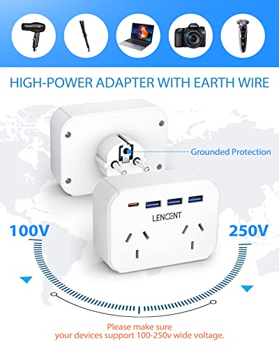 image for LENCENT AU to EU Euro Europe Plug Adapter with 2 Outlets 4 USB Charger