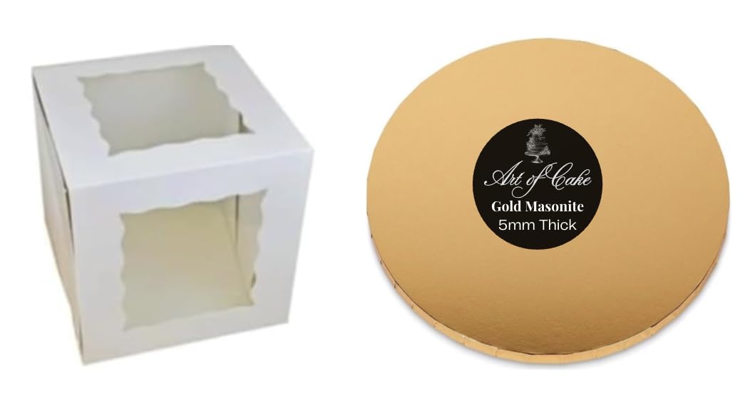 Art of cakeยฎ Masonite Cake Board (10mm Thick) & 2 Sided Window Tall Cake Box (Gold, 14")