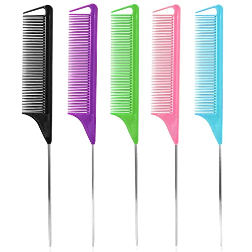 Rat Tail Combs for Hair Stylist: 5Pcs Parting Comb for Braids, Metal Long Steel Pin Rat Tail Teasing Combs, Professional Hair Salon Quality,Combs for Women (A Style) 