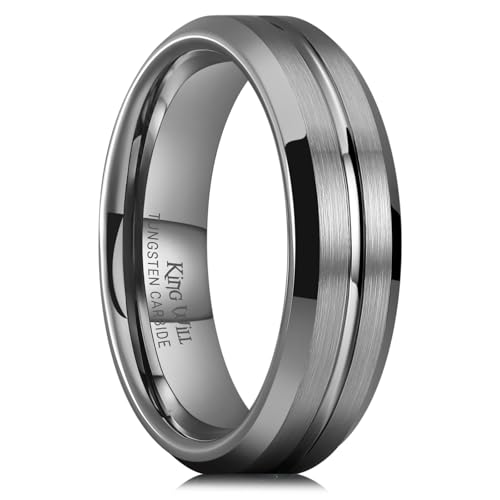 Image of King Will Tungsten Carbide Wedding Band for Men Women-6 /8 /10mm Width Multicolor Available with Grooved Center Wedding Ring Suitable for Work, Gym Comfort Fit Size 4-16