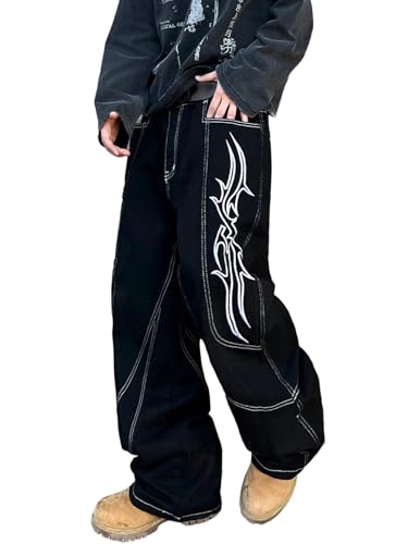 DFGIGT Jean Baggy brodé Hip-hop pour Homme Coupe Ample Denim Noir Pantalon, F10 Noir, Taille XS