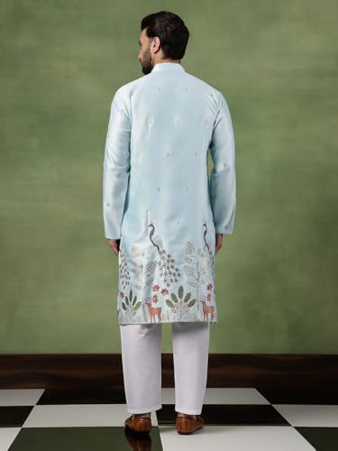 Image of SOJANYA (Since 1958 Men's Cotton Silk Flora & Fauna Embroidered Long Kurta