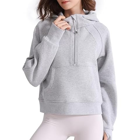 ISEEGZ Womens Fleece Lined Half Zip Hoodies Pullover Cotton Winter Warm Scuba Sweatshirt for Women with Thumbhole Pocket Anthracite Grey Cover