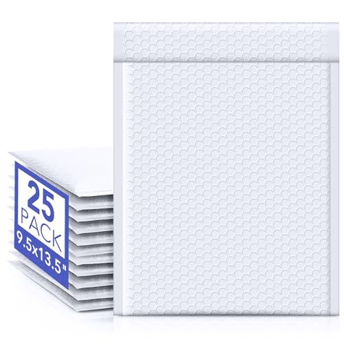Image of Fuxury White Bubble Mailers 9.5x14.5 inch 25 Pack Large Opaque Padded Envelopes | 9.5x13.5 usable size,#4 self seal waterproof bubble envelopes,cushioned protection for books,shirts,documents,small business