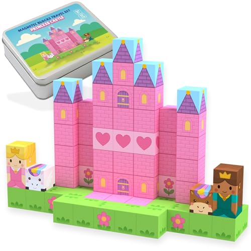 Magnetic Blocks Travel Set 70PCS - Princess Castle Building Blocks Travel Toys for Toddlers Ages 3-5 On The Go Toys for Kids Ages 4-8 Mini Magnetic Cubes for Car Airplane & Restaurant Activities