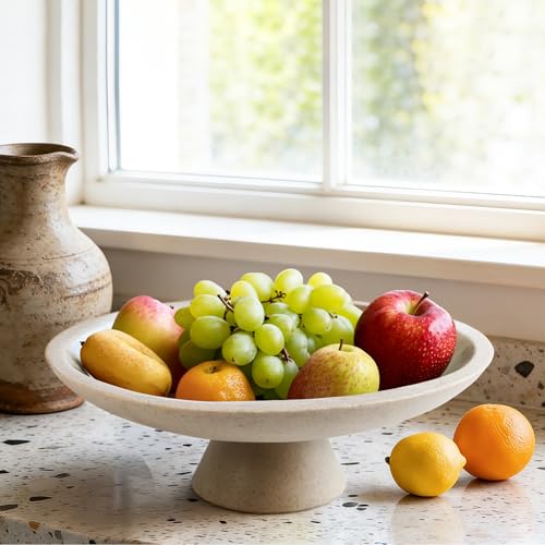 Large Modern Decorative Bowl for Home Decor Fruit Organic Catch All Key Kitchen Entryway Shelf Coffee Table With Pedestal,Artificial Stone Beige - Image 5