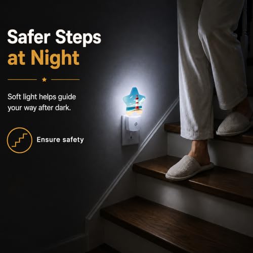 Image of Sea Lighthouse Star Night Light Plug in, Decorative Night Light for Kids Room Nursery Bedroom, Soft Glow Sensor Lamp for Hallway Bathroom, Compact Energy Saving