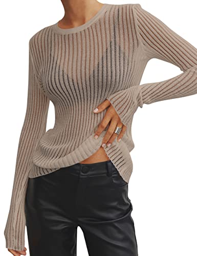 Image of KAMISSY Women See Through Crew Neck Sheer Mesh Knitted Sweater Solid Basic Long Sleeve Loose Fit Knit Pullover Jumper Top