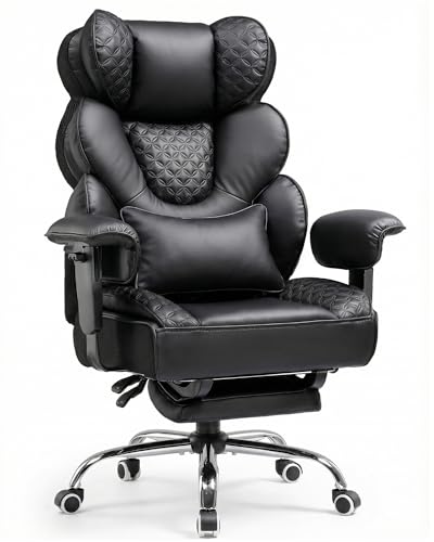 COMHOMA Ergonomischer Gaming Stuhl, Bürostuhl 180 kg, mit Verstellbarer Lendenstütze & Fußstütze, Hybrid-Design aus Kunstleder & Mesh, 150° verstellbare Rückenlehne, hoher Chefsessel, Schwarz