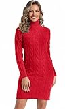 Avancel Damen Rollkragen Kleid Zopfmuster Basic Kleid Herbst Winter Warm Strickkleid Elegant Kleider Rot S