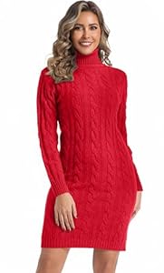 Avancel Damen Rollkragen Kleid Zopfmuster Basic Kleid Herbst Winter Warm Strickkleid Elegant Kleider Rot M