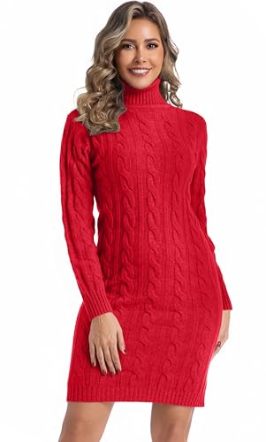 Avancel Damen Rollkragen Kleid Zopfmuster Basic Kleid Herbst Winter Warm Strickkleid Elegant Kleider Rot M