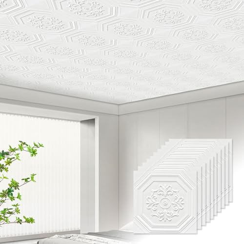Foam Ceiling Tiles Peel and Stick, 3D Ceiling Tiles 16 Pcs, Self Adhesive Waterproof Ceiling Wall Panels for Home Decor, Easy Install Cover 21 Sq.Ft (13.8 x 13.8 Inch)